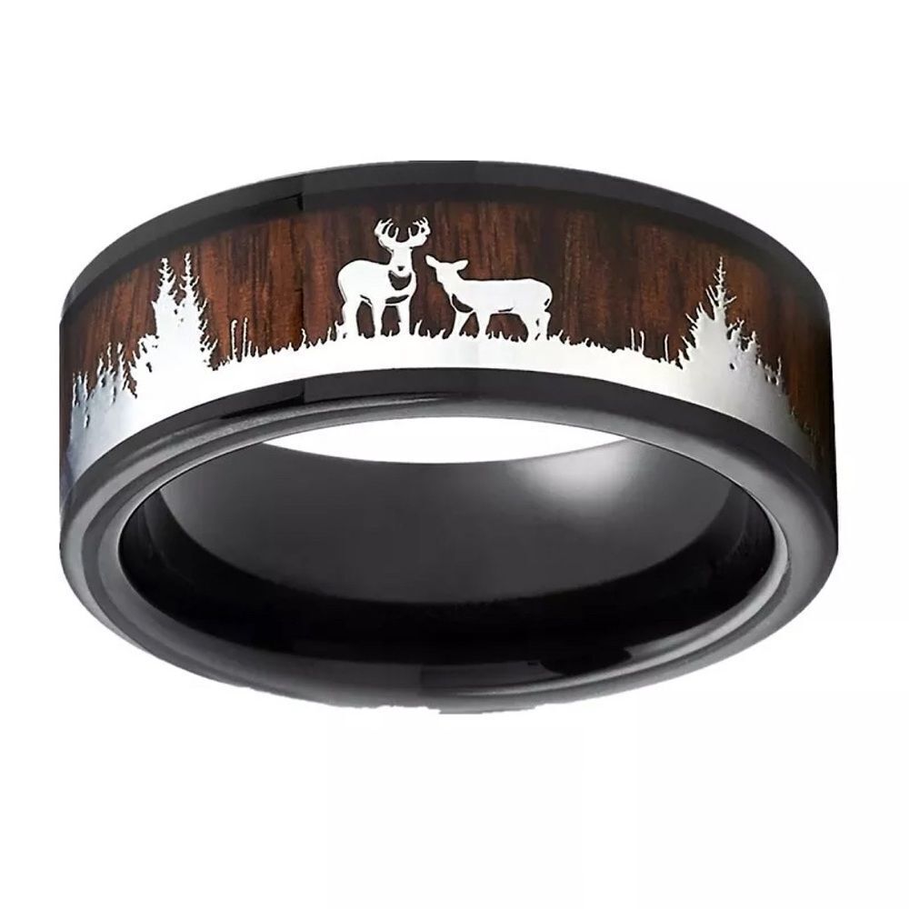 ❤️032❤️ 8mm Antler Tungsten Ring Elks in Forest Silver Mens Wedding Band - Picture 3 of 9